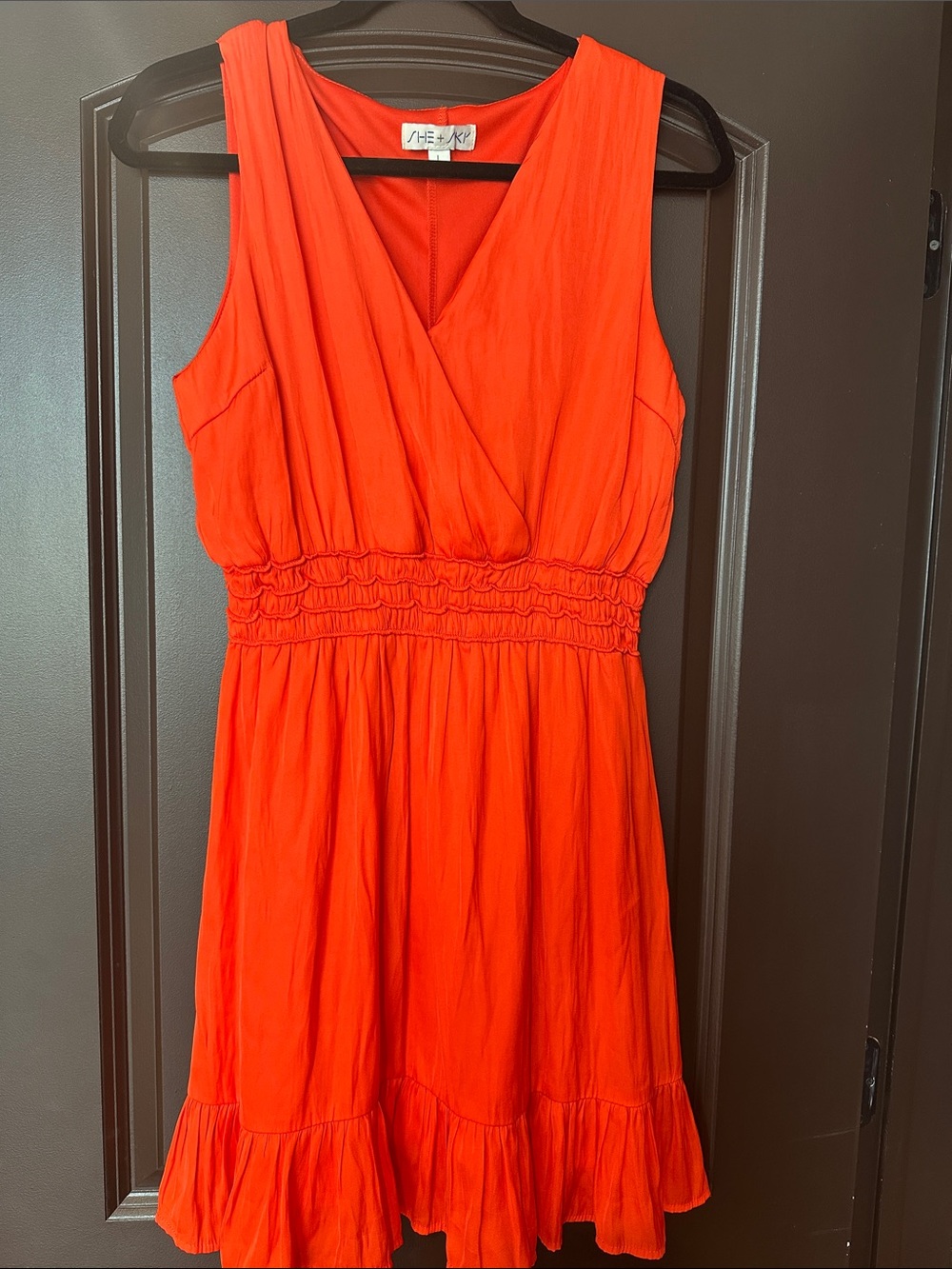 She + Sky Orange Sleeveless V-Neck Ruffled Mini Dress